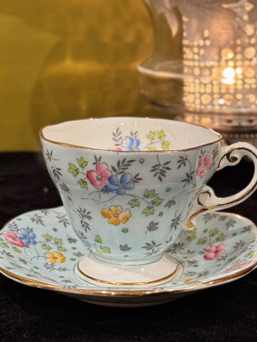 Foley 1950s China V2336 Gold Floral Teacup Saucer Fine Bone China